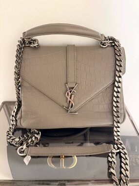 Yves Saint Laurent Taupe Croc-Embossed Leather Satchel with Silver Hardware